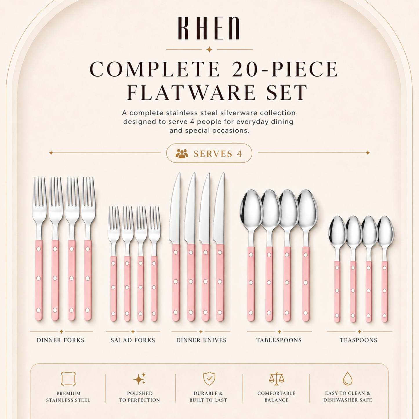 Khen Pink Stainless Steel Cutlery Set of 20