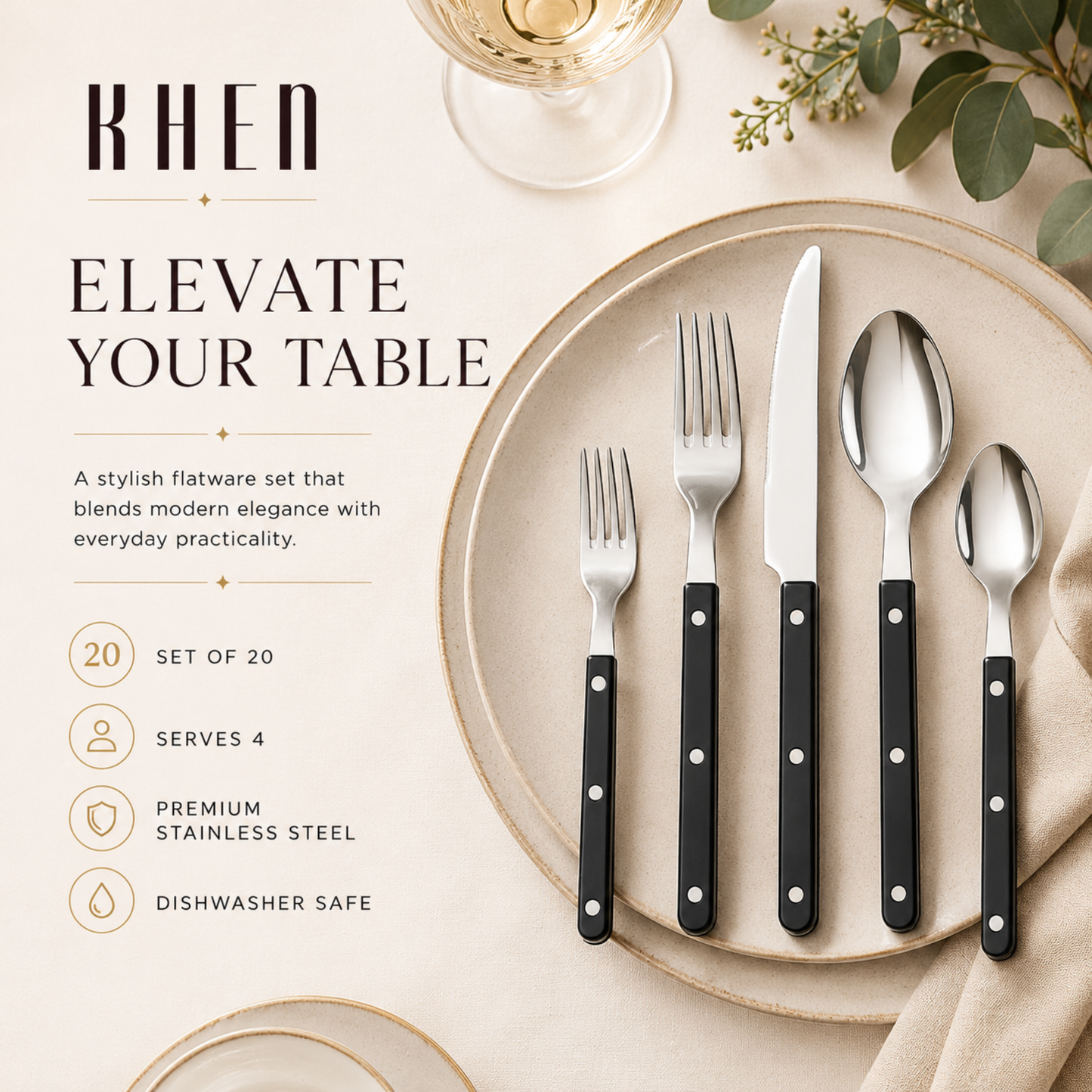 Khen Black Set of 20 Stainless Steel Flatware