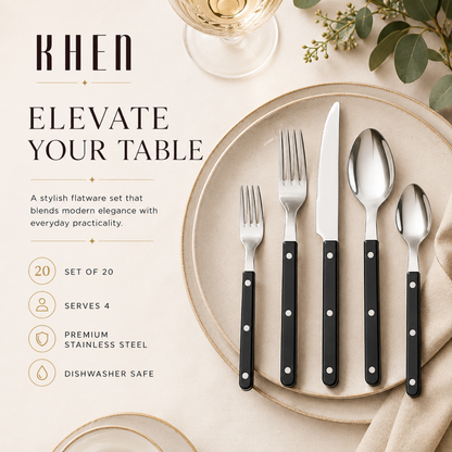 Khen Black Set of 20 Stainless Steel Flatware