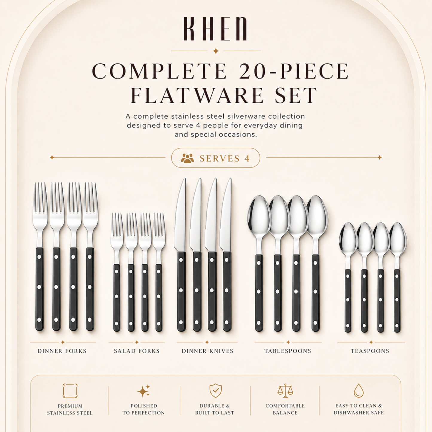 Khen Black Set of 20 Stainless Steel Flatware