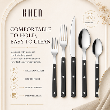 Khen Black Set of 20 Stainless Steel Flatware