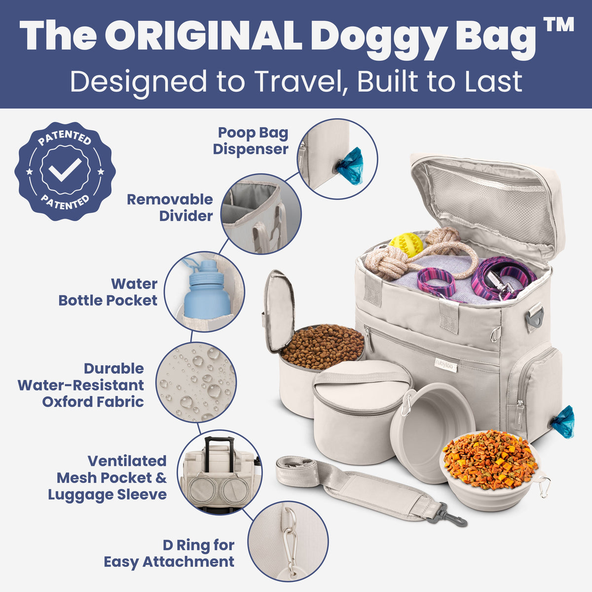 Doggy Bag dog travel bag for supplies by Rubyloo in beige Oxford fabric with water bottle pocket on Tampa Home & Garden Store