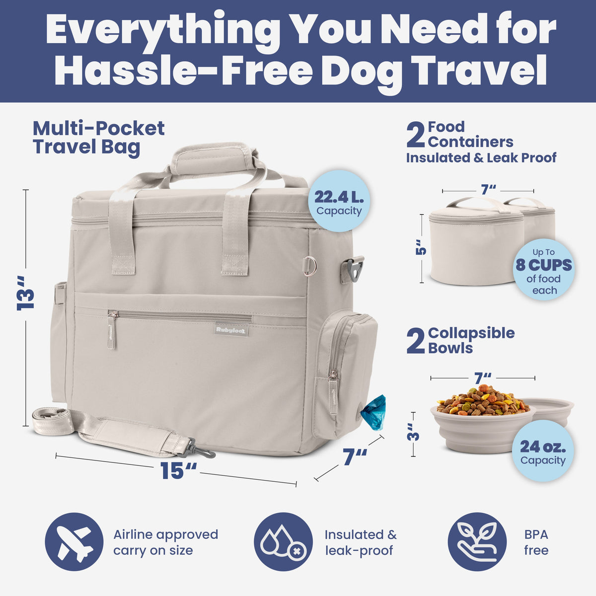 The Doggy Bag dog travel bag for supplies by Rubyloo beige pocket carrier with 2 bowls on Tampa Home & Garden Store