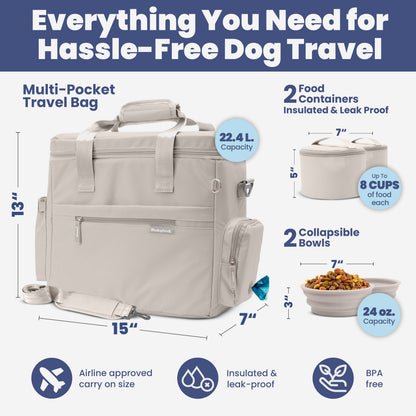 The Doggy Bag dog travel bag for supplies by Rubyloo beige pocket carrier with 2 bowls on Tampa Home & Garden Store
