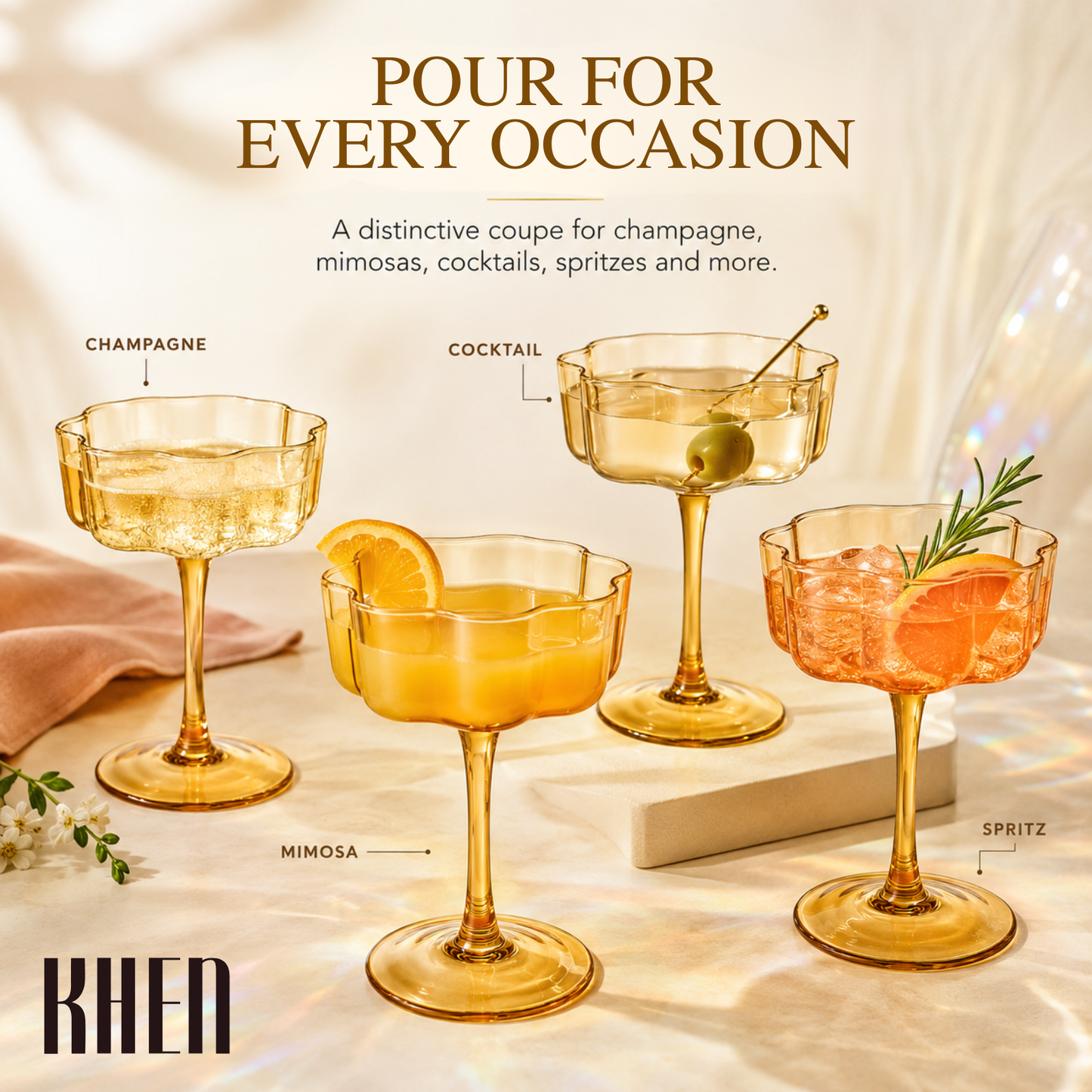 Amber Flower Wave Coupe Glasses Set of Two