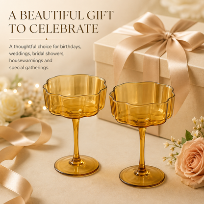 Amber Flower Wave Coupe Glasses Set of Two