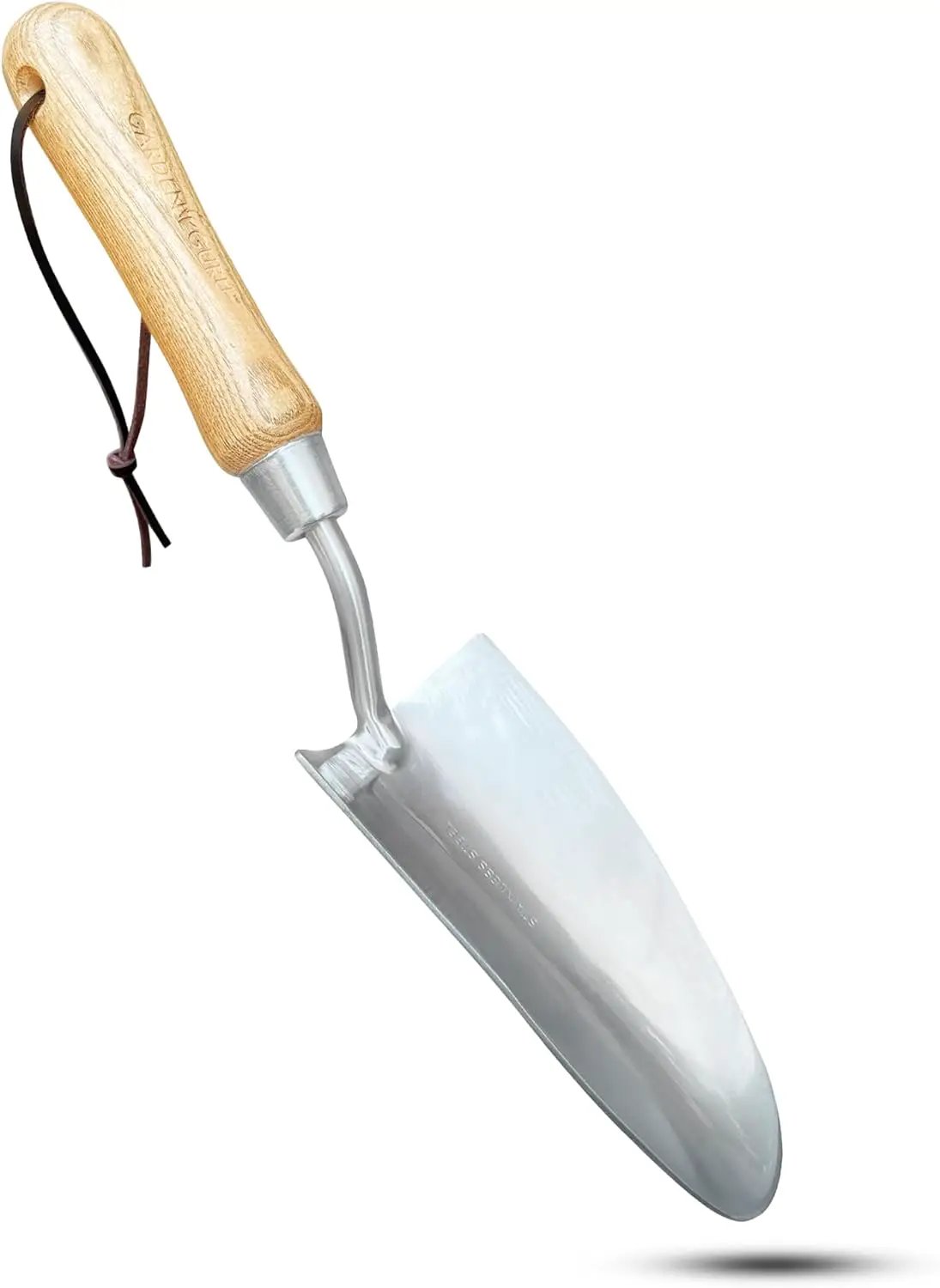 Stainless steel garden trowel with wood handle and brown leather lanyard Garden Guru on Tampa Home & Garden Store