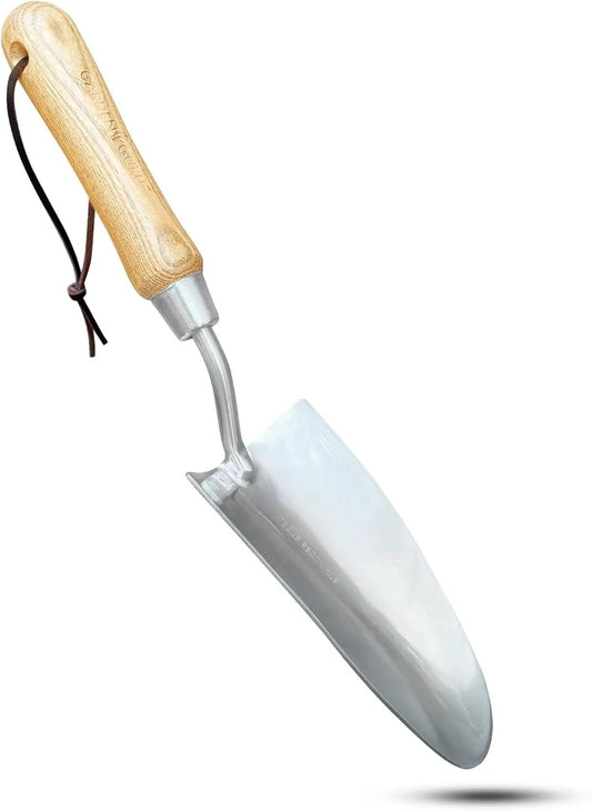 Stainless steel garden trowel with wood handle and brown leather lanyard Garden Guru on Tampa Home & Garden Store