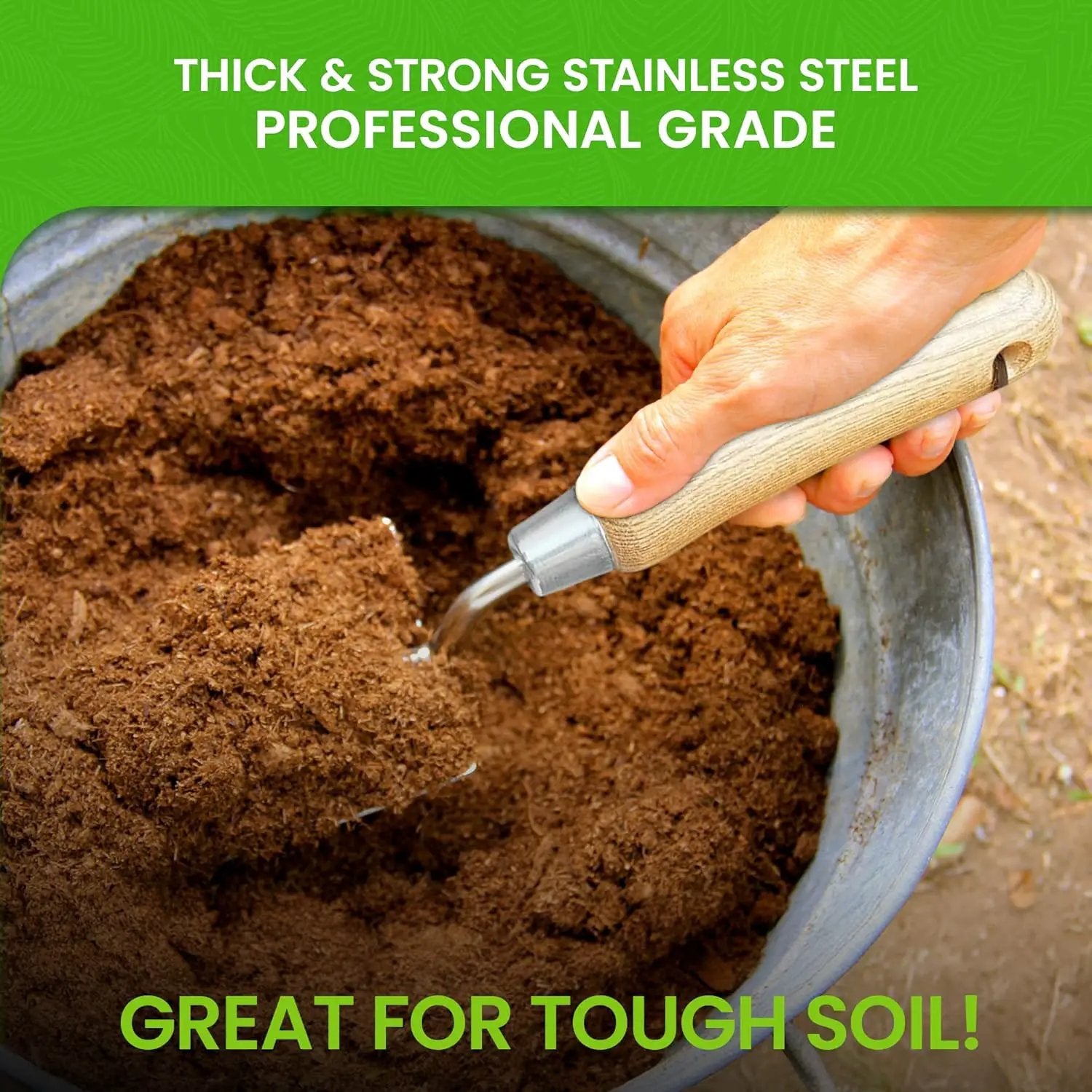Garden Guru trowel with wooden handle and stainless steel blade digging soil in a bucket on Tampa Home & Garden Store