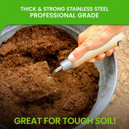 Garden Guru trowel with wooden handle and stainless steel blade digging soil in a bucket on Tampa Home & Garden Store