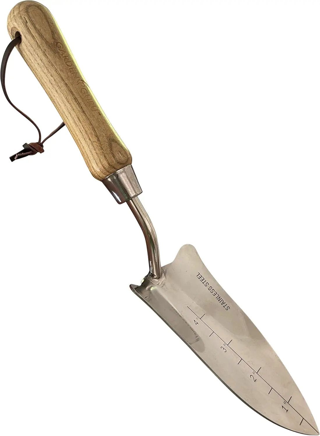 Garden Guru stainless transplanter trowel with wood handle and leather lanyard on Tampa Home & Garden Store
