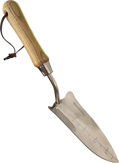 Garden Guru stainless transplanter trowel with wood handle and leather lanyard on Tampa Home & Garden Store