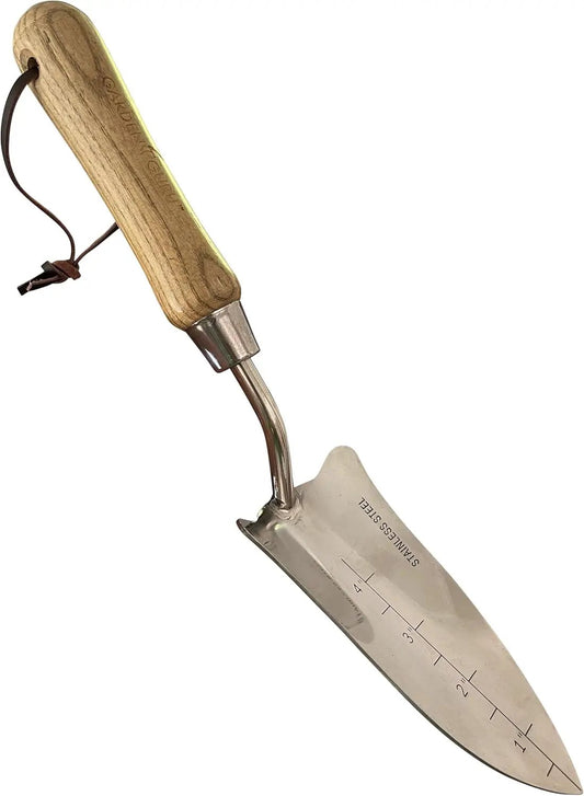 Garden Guru stainless transplanter trowel with wood handle and leather lanyard on Tampa Home & Garden Store