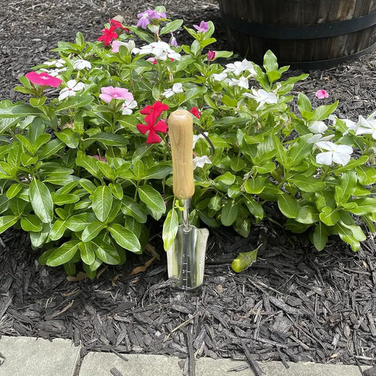 Stainless transplanter trowel with wood handle Garden Guru in mulch among vinca flowers on Tampa Home & Garden Store