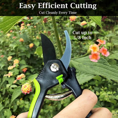 Garden Bypass Pruner Elite with Comfort Grip, black body with neon green accents and blue blade on Tampa Home & Garden Store