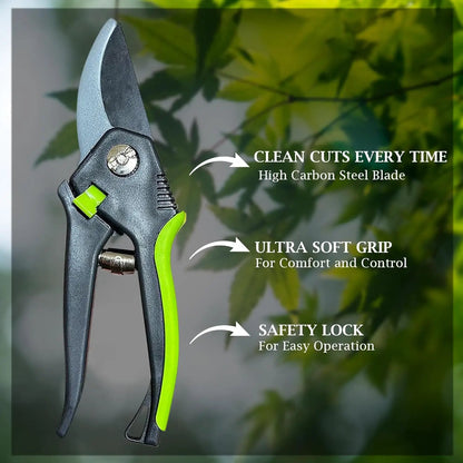 Garden Bypass Pruner Elite with Comfort Grip; gray body and neon green handle, carbon steel blade on Tampa Home & Garden Store