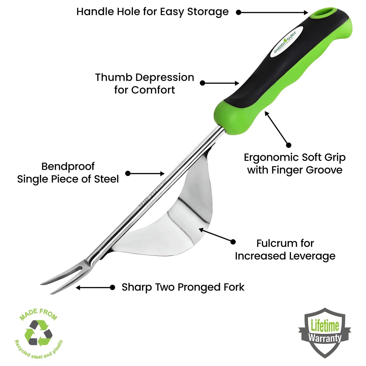 Stainless steel dandelion weeder by Garden Guru with ergonomic green and black handle and fork on Tampa Home & Garden Store