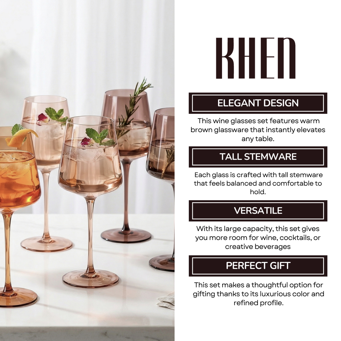 Venus Set of 6 Brown and Tall Wine Glasses