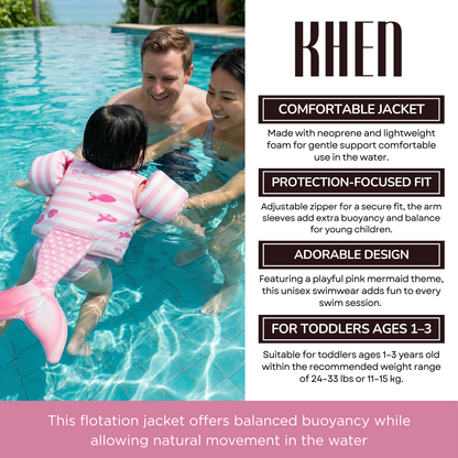 Pink Mermaid Swim Vest with Sleeves for Toddlers