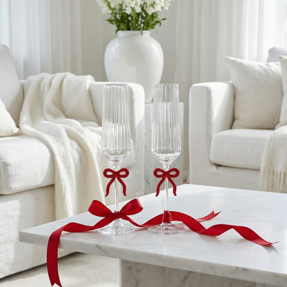 Clear Champagne Flutes And Red Bow Set Of Two