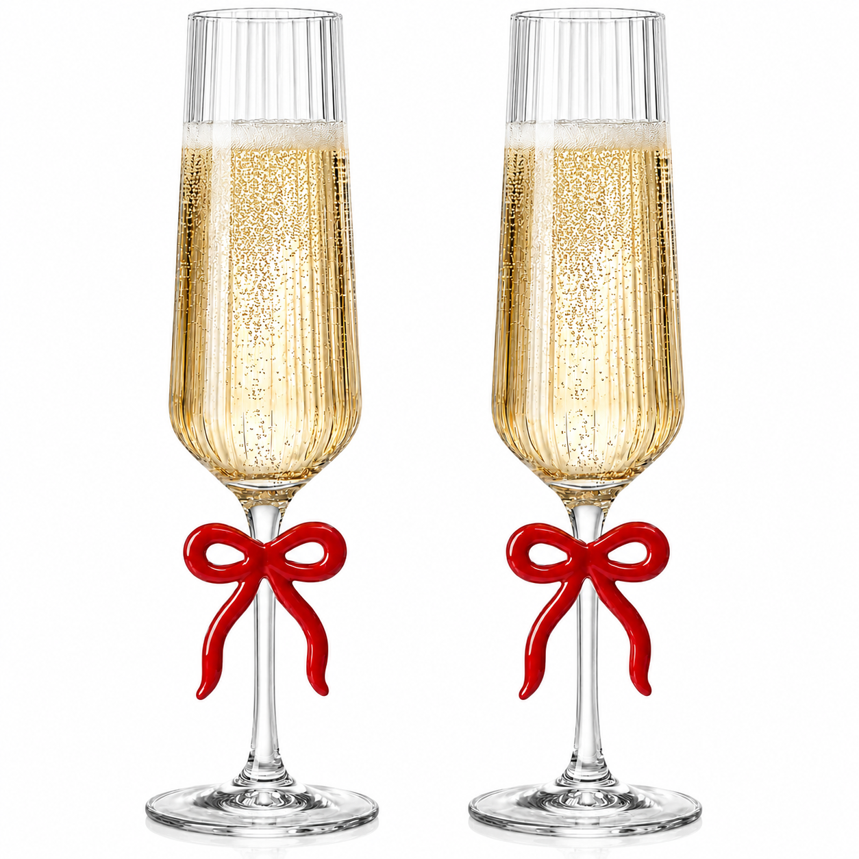 Clear Champagne Flutes And Red Bow Set Of Two