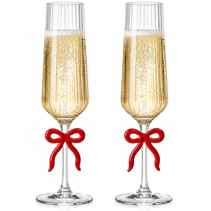 Clear Champagne Flutes And Red Bow Set Of Two