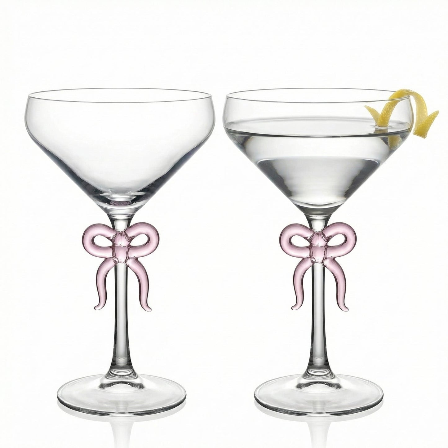Clear Martini Glasses With Pink Bow On Stem Pair