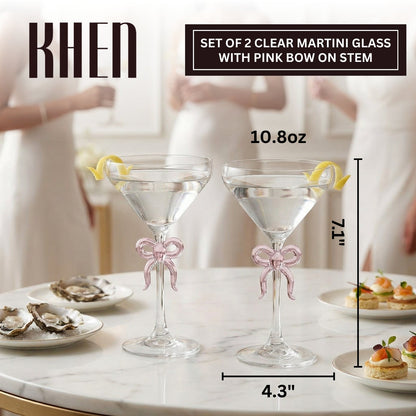 Clear Martini Glasses With Pink Bow On Stem Pair