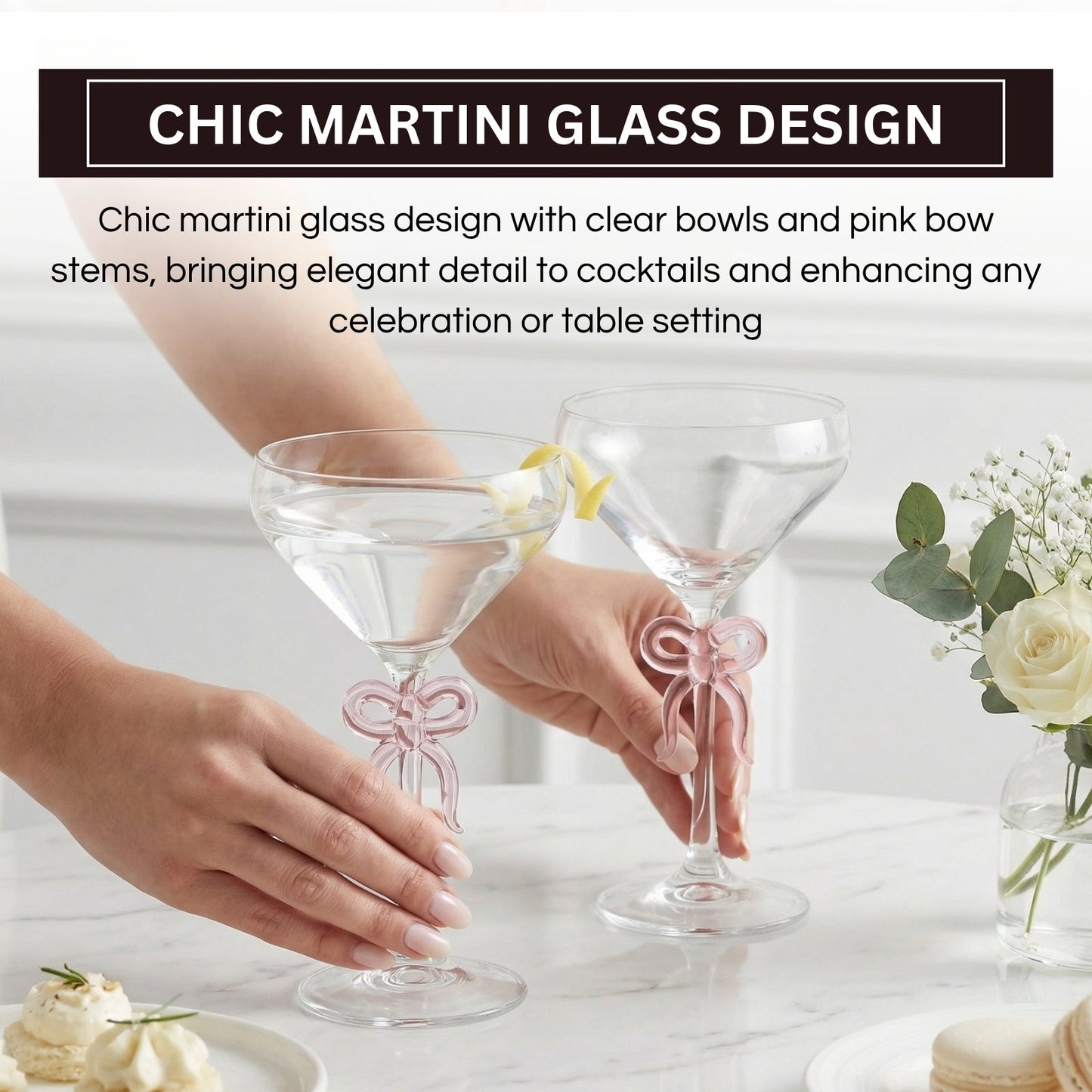 Clear Martini Glasses With Pink Bow On Stem Pair