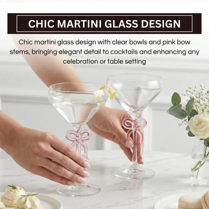 Clear Martini Glasses With Pink Bow On Stem Pair