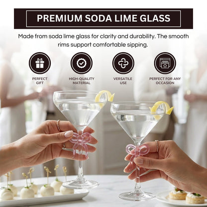 Clear Martini Glasses With Pink Bow On Stem Pair