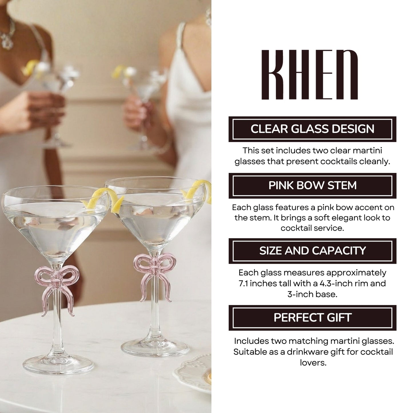 Clear Martini Glasses With Pink Bow On Stem Pair