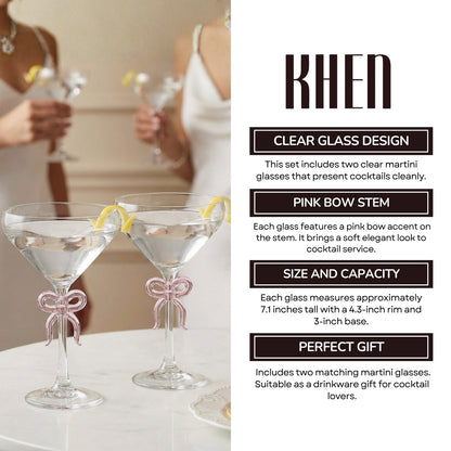 Clear Martini Glasses With Pink Bow On Stem Pair