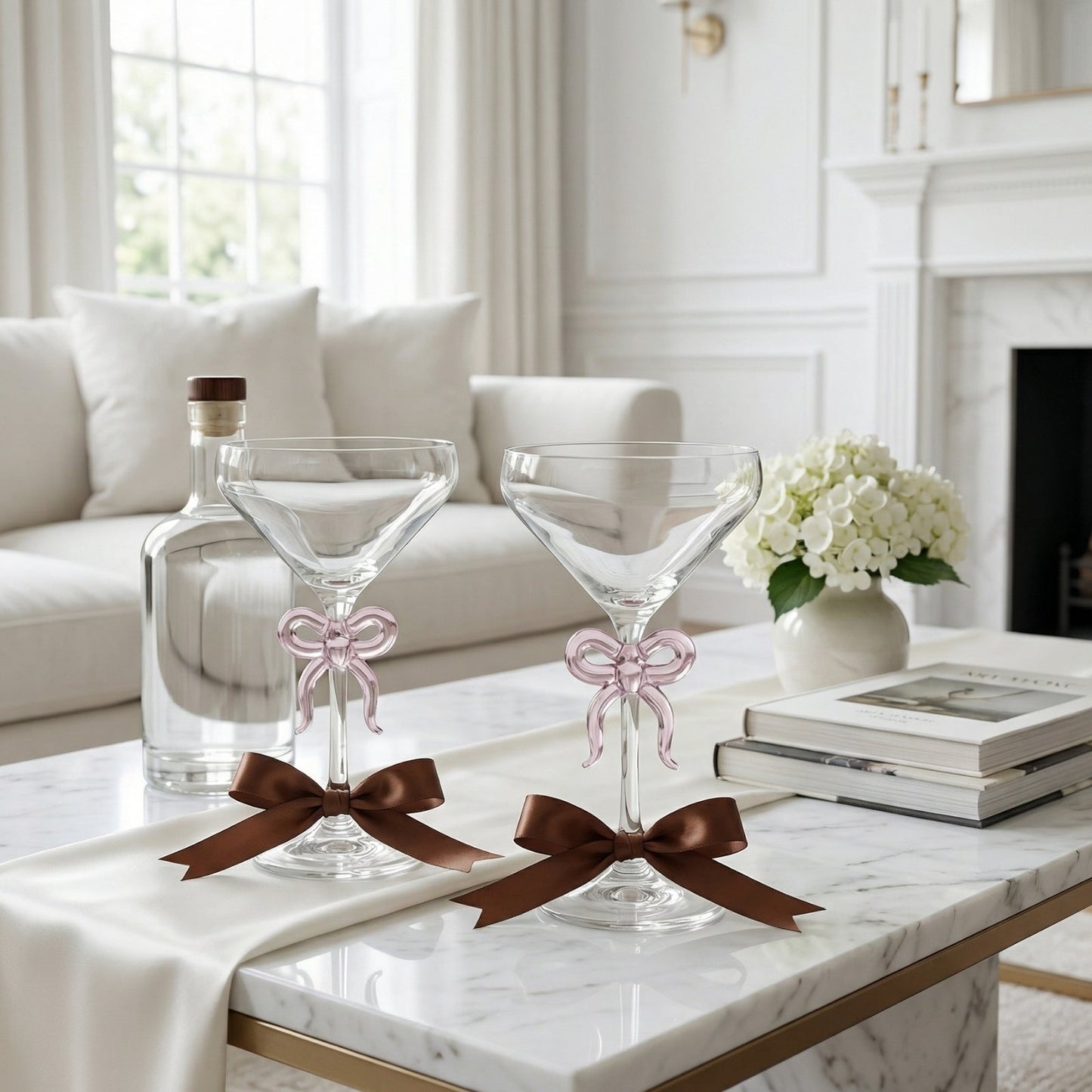 Clear Martini Glasses With Pink Bow On Stem Pair