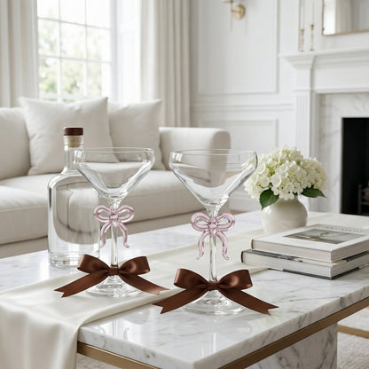 Clear Martini Glasses With Pink Bow On Stem Pair