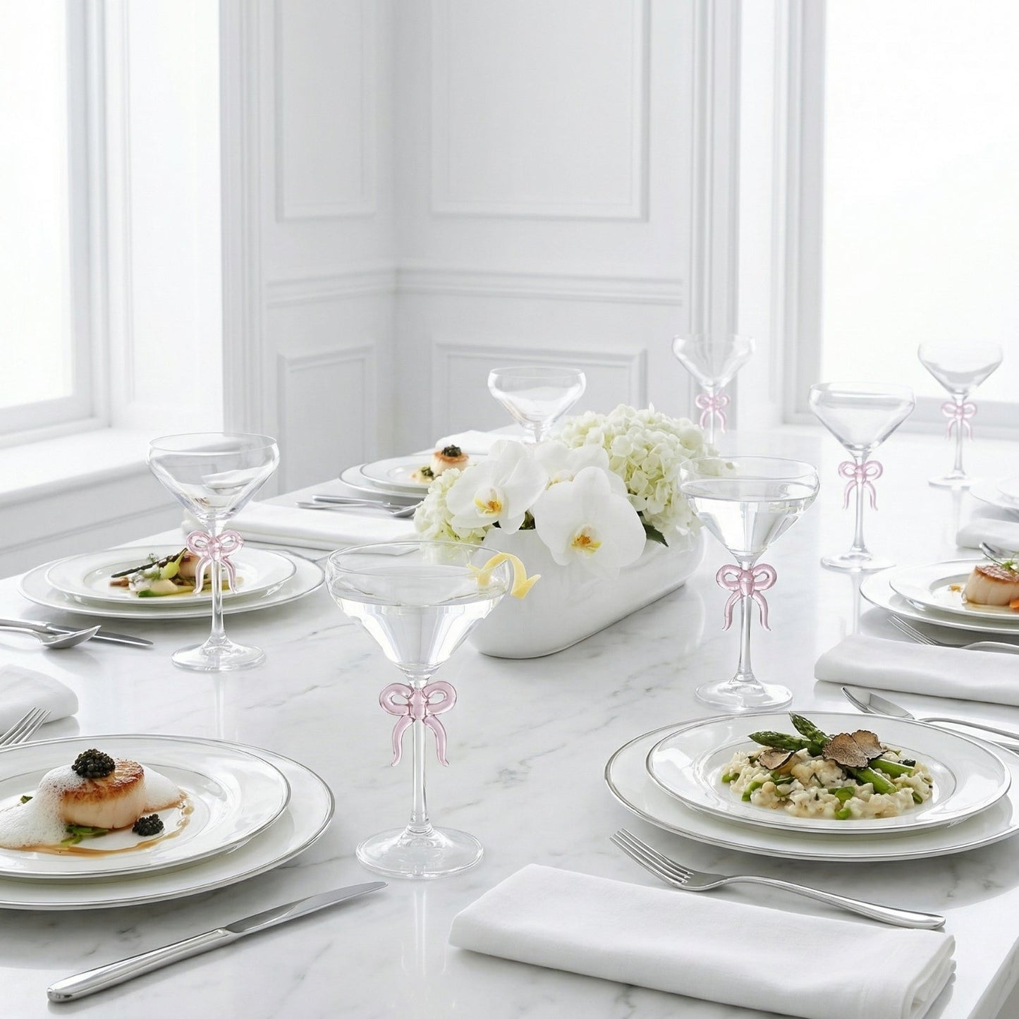 Clear Martini Glasses With Pink Bow On Stem Pair