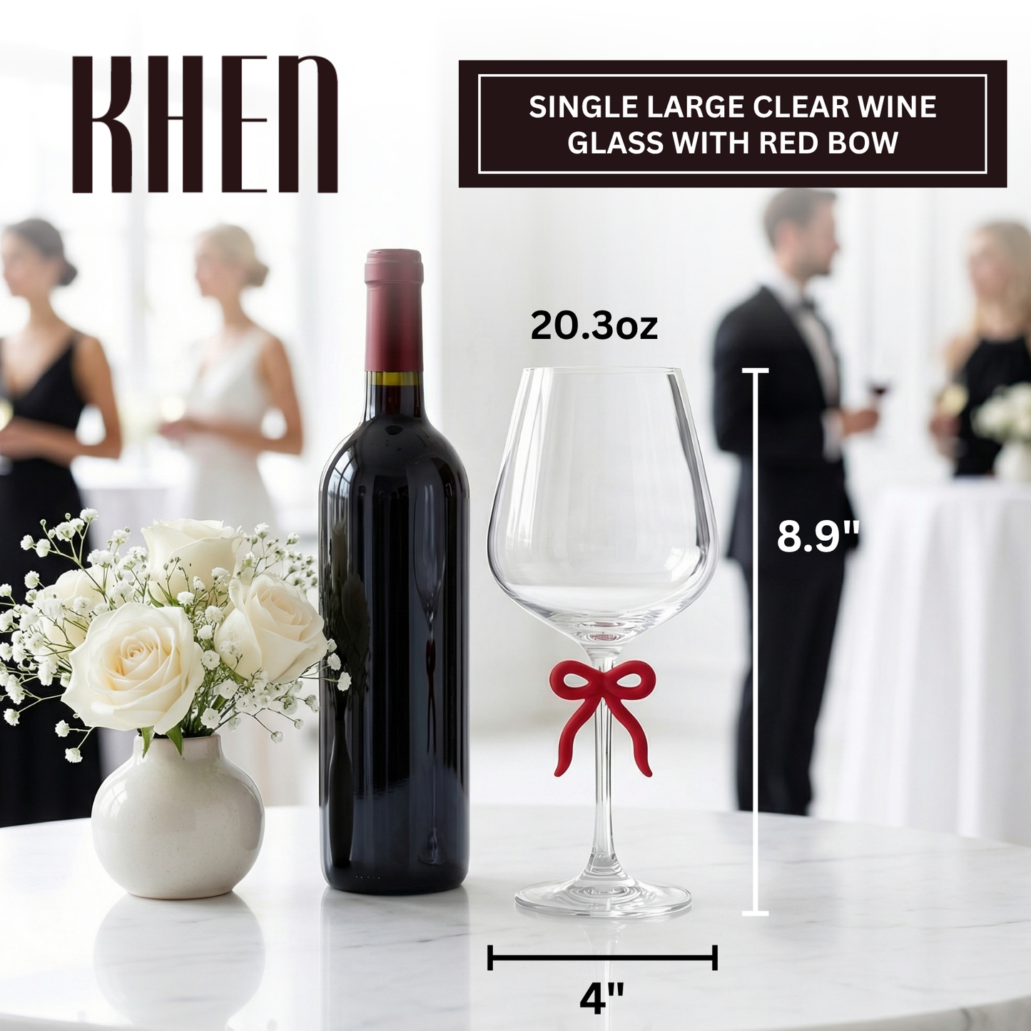 Large Clear Wine Glass and Red Bow Stem Design