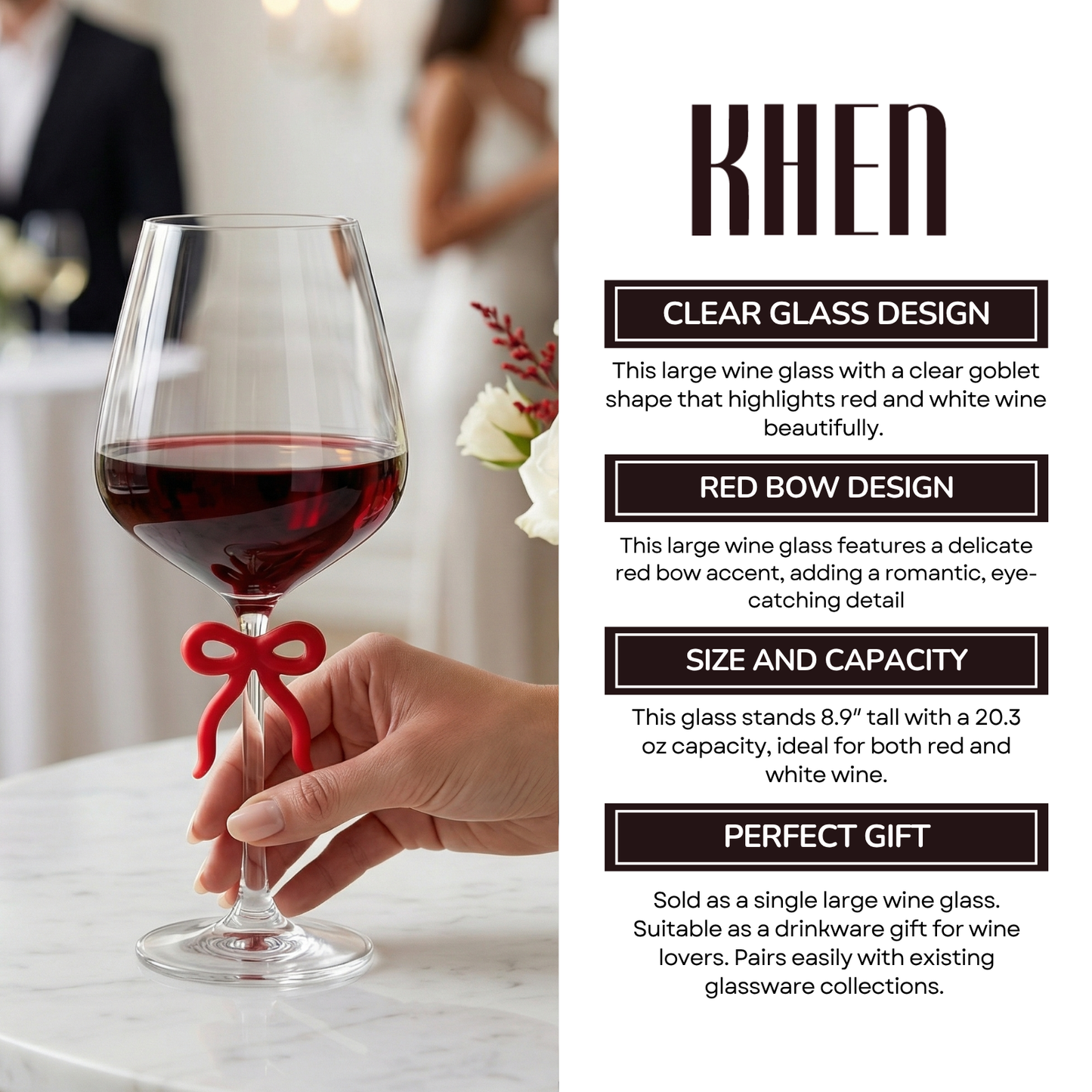 Large Clear Wine Glass and Red Bow Stem Design