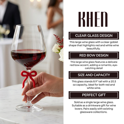 Large Clear Wine Glass and Red Bow Stem Design