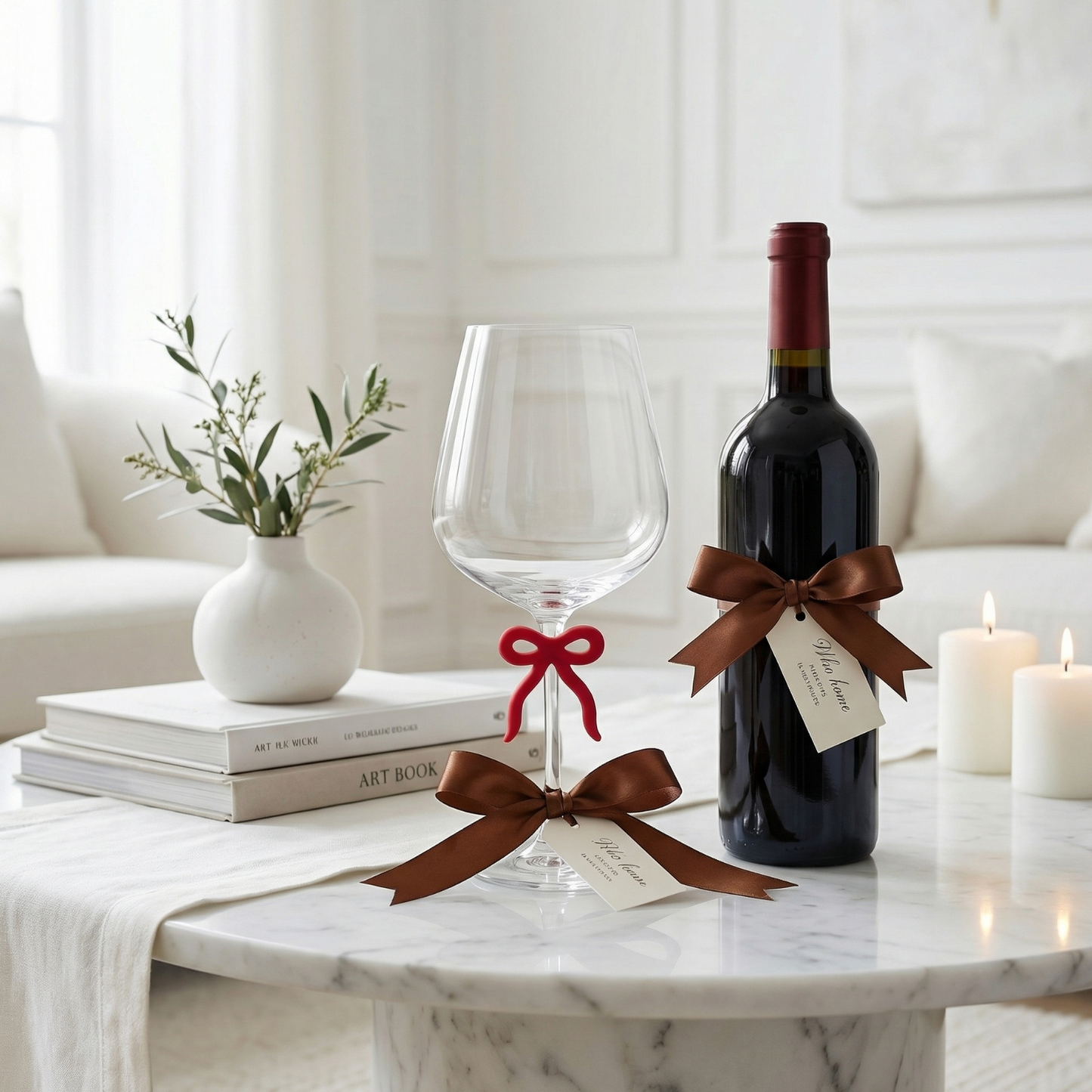 Large Clear Wine Glass and Red Bow Stem Design