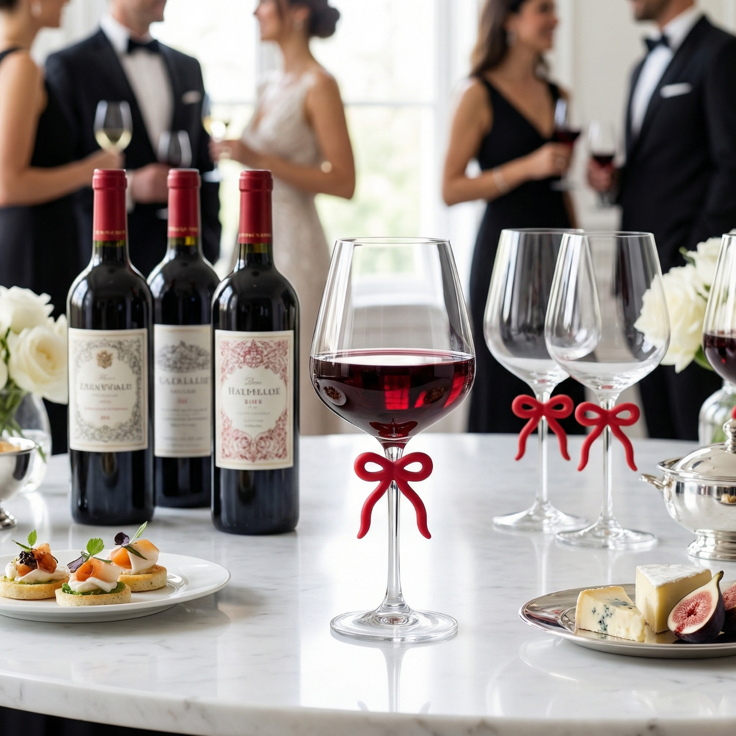 Large Clear Wine Glass and Red Bow Stem Design