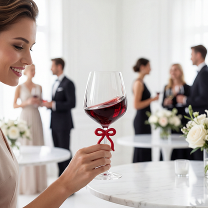 Large Clear Wine Glass and Red Bow Stem Design