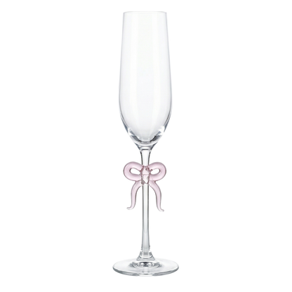 Single Clear Champagne Glass and Pink Bow