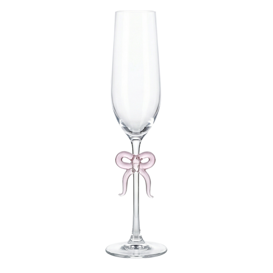 Single Clear Champagne Glass and Pink Bow