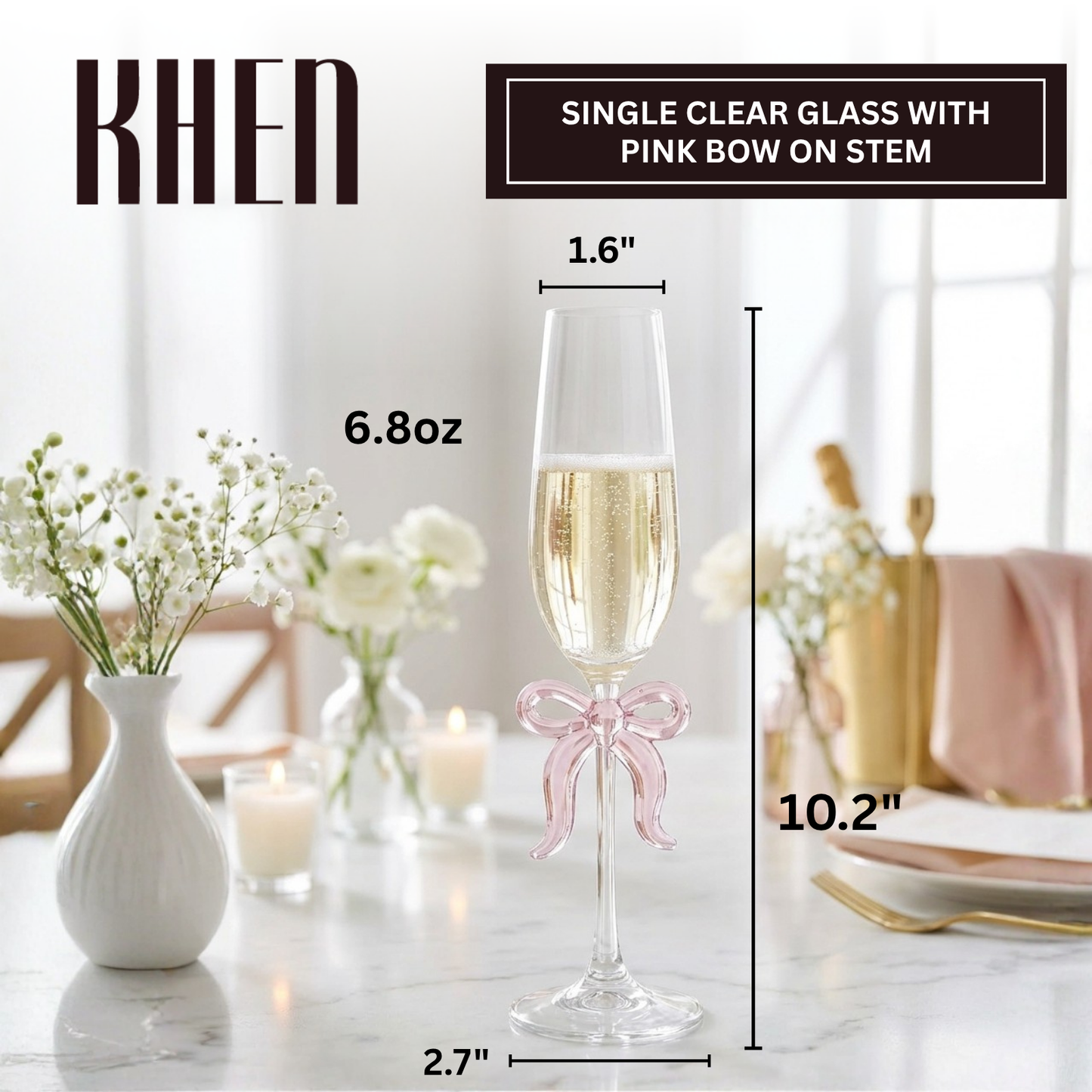 Single Clear Champagne Glass and Pink Bow