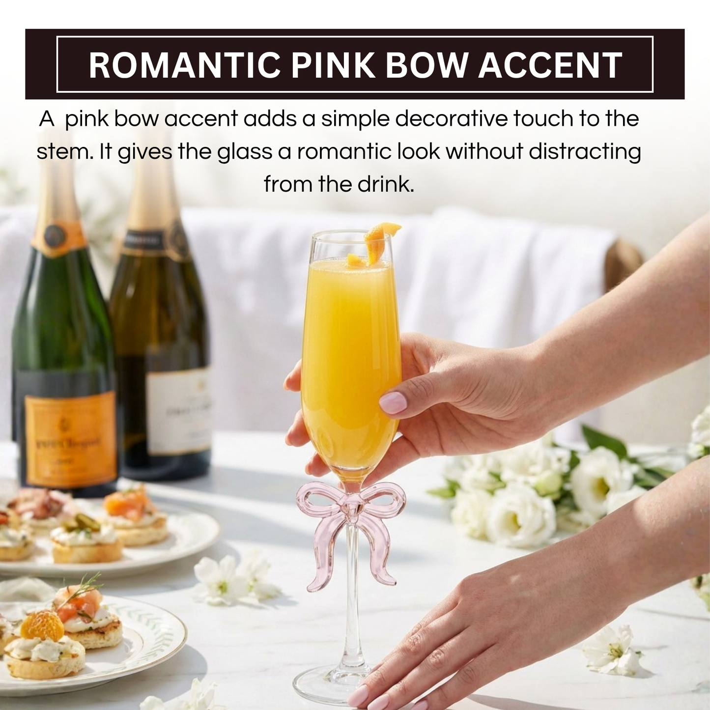 Single Clear Champagne Glass and Pink Bow