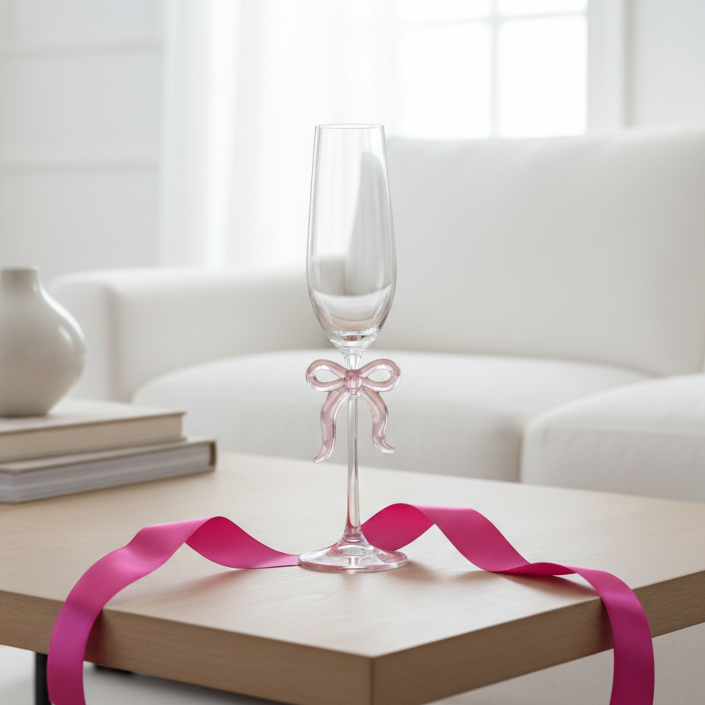 Single Clear Champagne Glass and Pink Bow