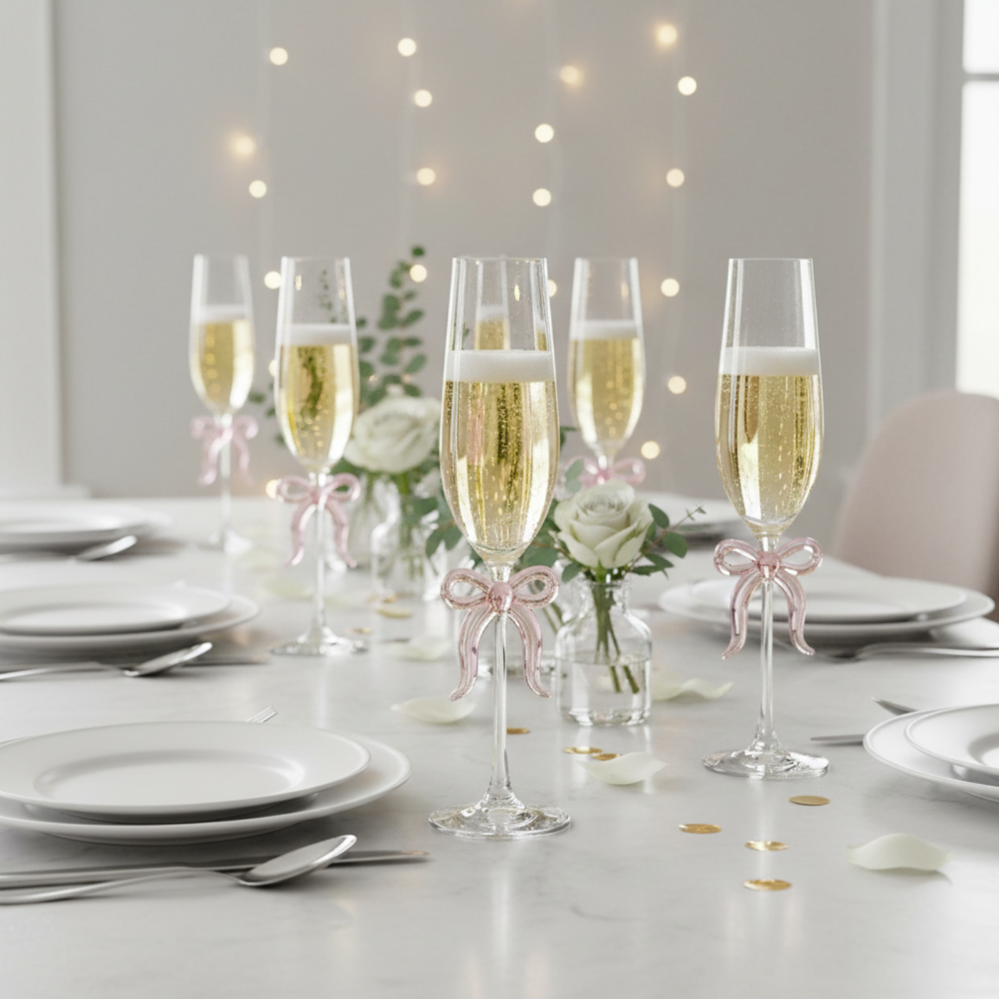 Single Clear Champagne Glass and Pink Bow