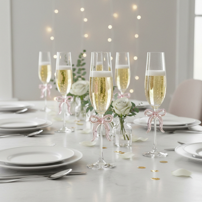 Single Clear Champagne Glass and Pink Bow