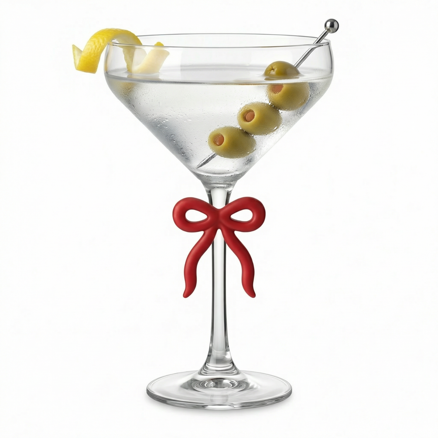 Single Clear Martini Glass With A Red Bow Stem